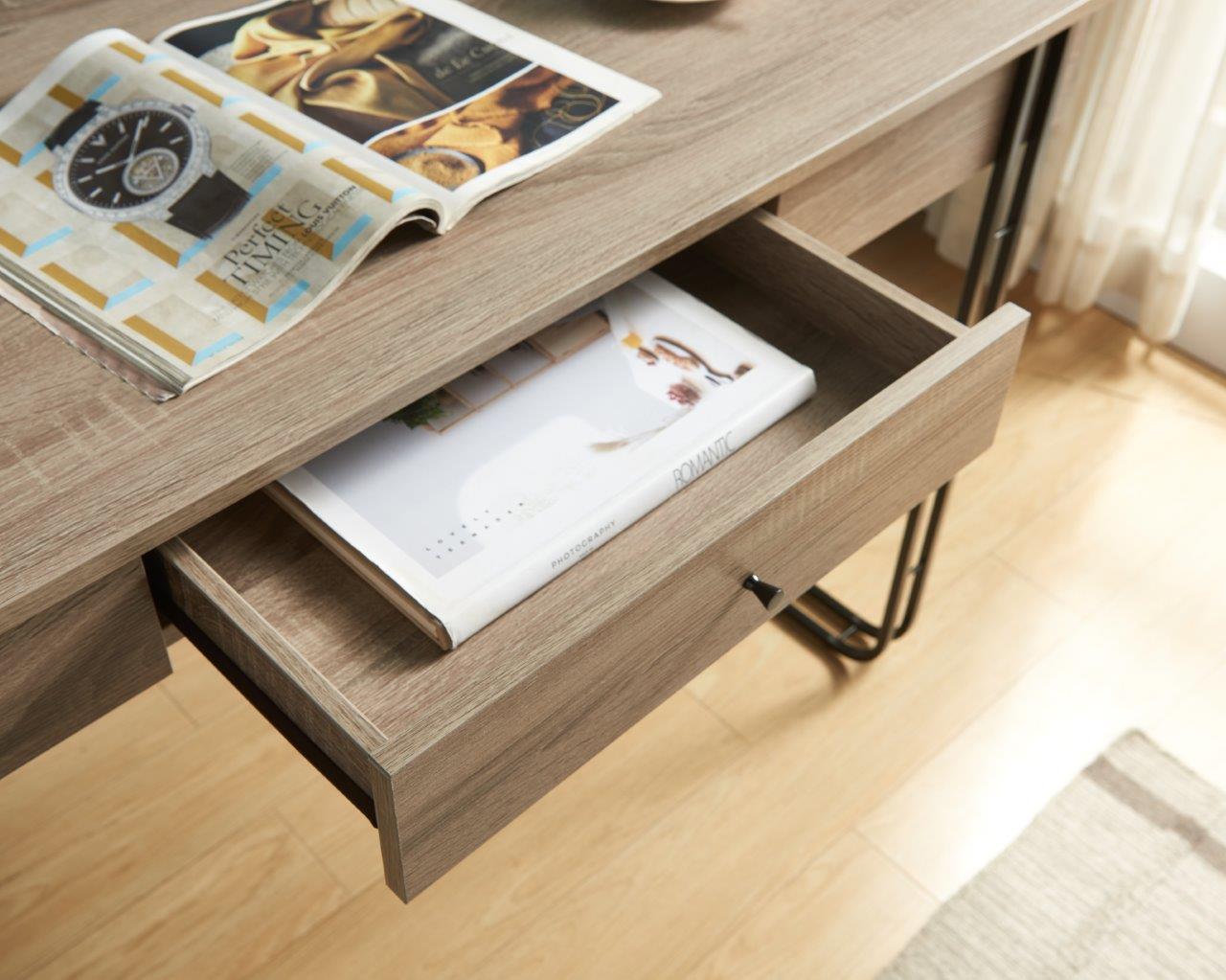 Computer Desk Writing Desk With One Drawer Metal Legs And Usb Outlet Port Brown & Black Metal Black Taupe Particle Board