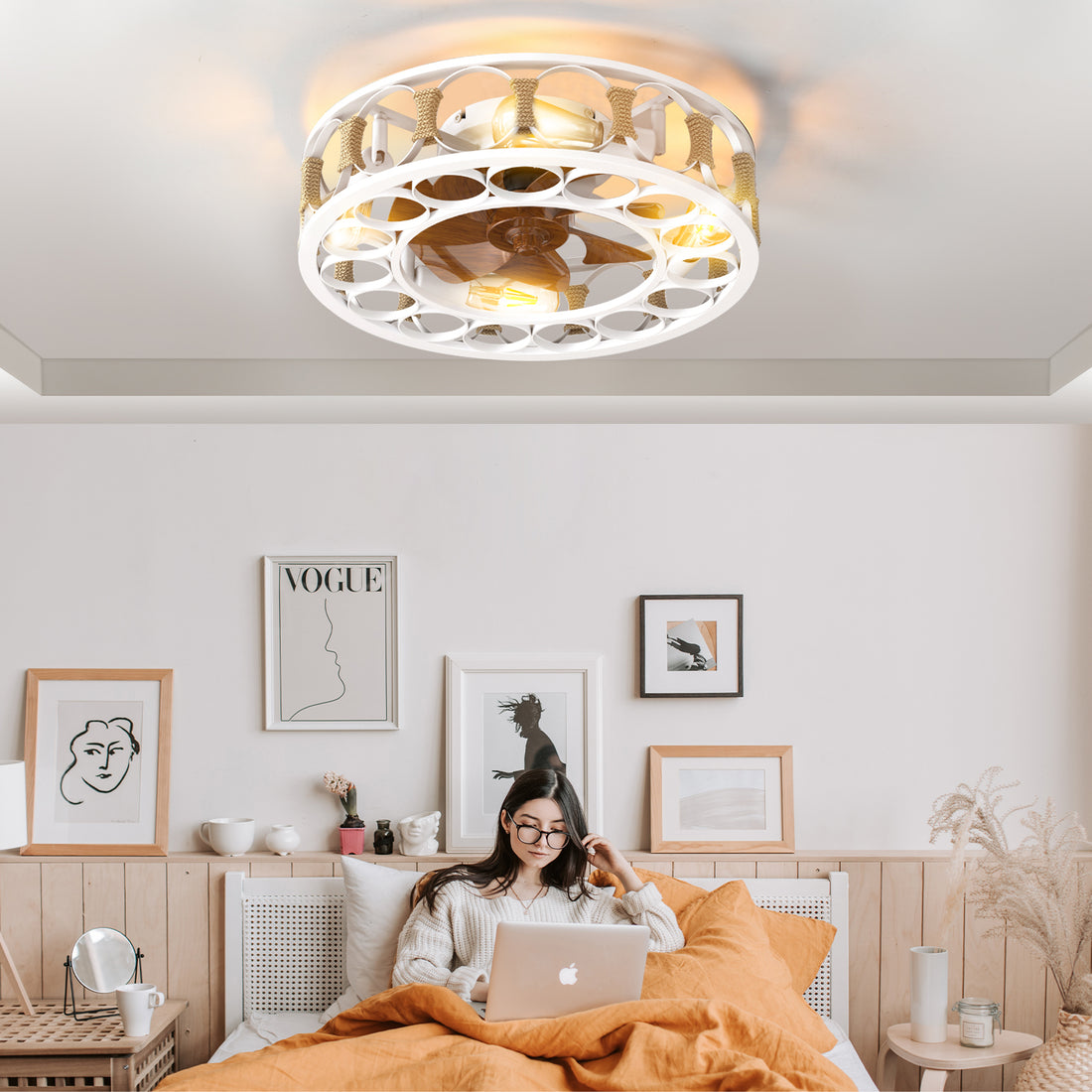 Caged Ceiling Fan With Lights Remote Control,Semi Embedded Modern Ceiling Fans, 6 Speeds Reversible Blades, 4 Led Bulbs Include White White Modern Abs Iron