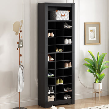 Stylish Design 30 Shoe Cubby Console, Contemporary Shoe Cabinet With Multiple Storage Capacity, Free Standing Tall Cabinet With Versatile Use For Hallway, Bedroom, Black Filing Cabinets Black Primary Living Space Particle Board