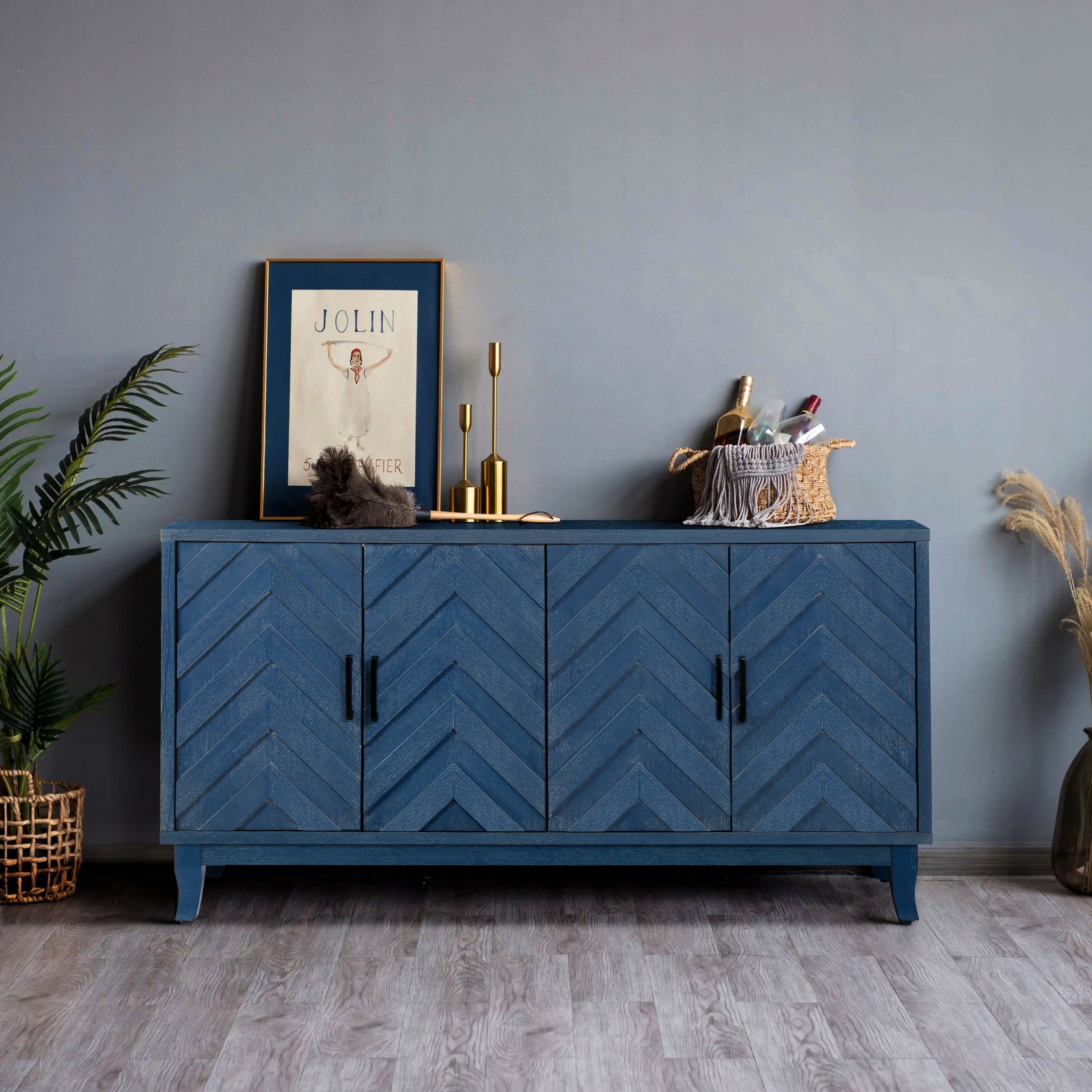 Stronger Vintage Style Buffet Cabinet, Lacquered Accent Storage 4 Door Wooden Antique Navy Blue Mdf Solid Wood Mdf