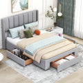 Queen Size Upholstered Platform Bed With One Large Drawer In The Footboard And Drawer On Each Side,Gray Queen Gray Upholstered