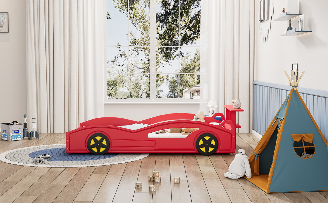 Wooden Race Car Bed,Car Shaped Platform Twin Bed With Wheels For Teens,Red & Yellow Red Mdf