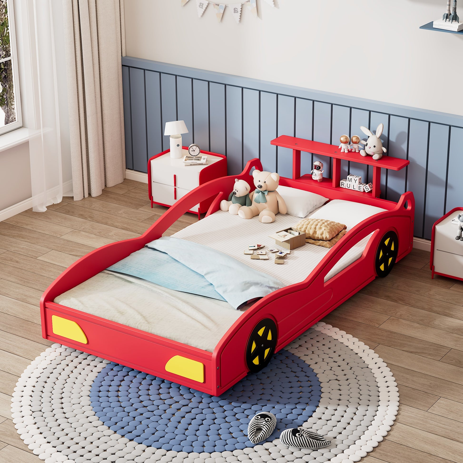 Wooden Race Car Bed,Car Shaped Platform Twin Bed With Wheels For Teens,Red & Yellow Red Mdf