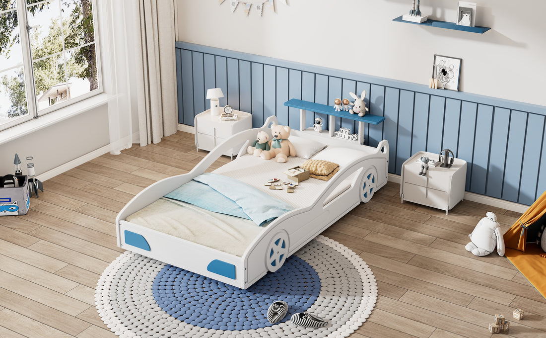 Wooden Race Car Bed,Car Shaped Platform Twin Bed With Wheels For Teens,White & Blue White Mdf