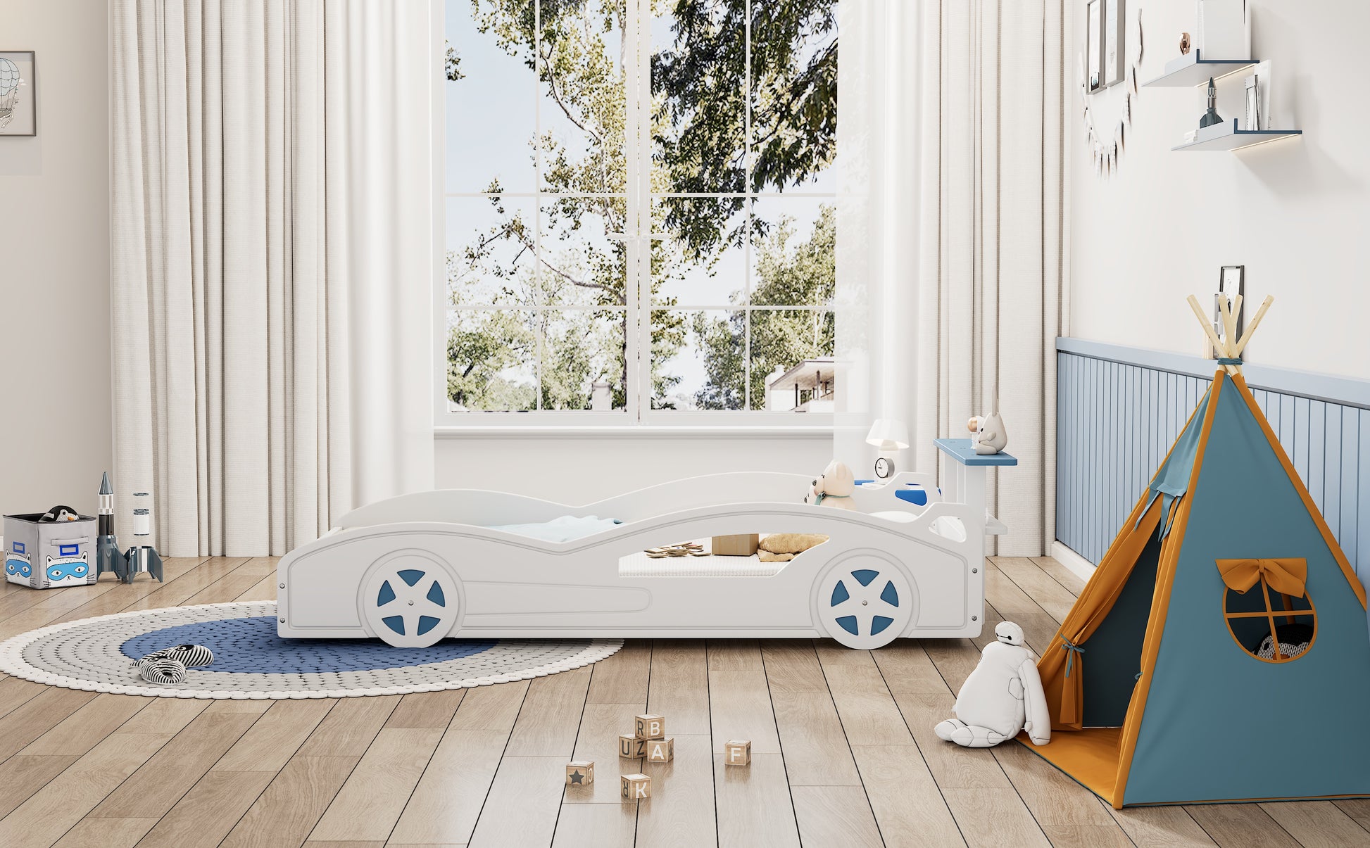 Wooden Race Car Bed,Car Shaped Platform Twin Bed With Wheels For Teens,White & Blue White Mdf