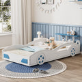 Wooden Race Car Bed,Car Shaped Platform Twin Bed With Wheels For Teens,White & Blue White Mdf