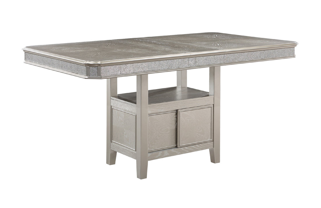 Modern Glam 1Pc Counter Height Dining Table Silver Champagne Gray Finish 12" Extension Leaf One Pedestal Shelf With Sparkling Accents Casual Dining Room Wooden Furniture Gray Dining Room Modern Wood