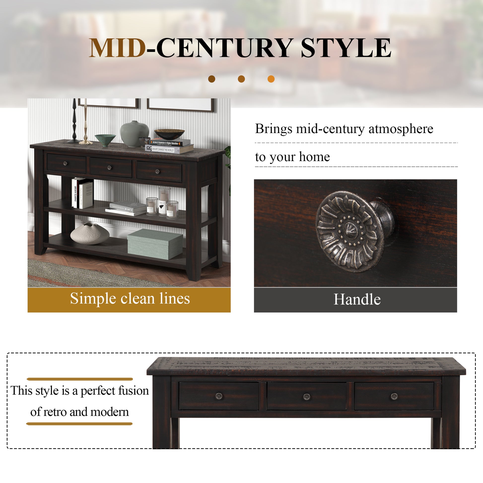 48'' Solid Pine Wood Top Console Table, Modern Entryway Sofa Side Table With 3 Storage Drawers And 2 Shelves. Easy To Assemble Black Black Pine