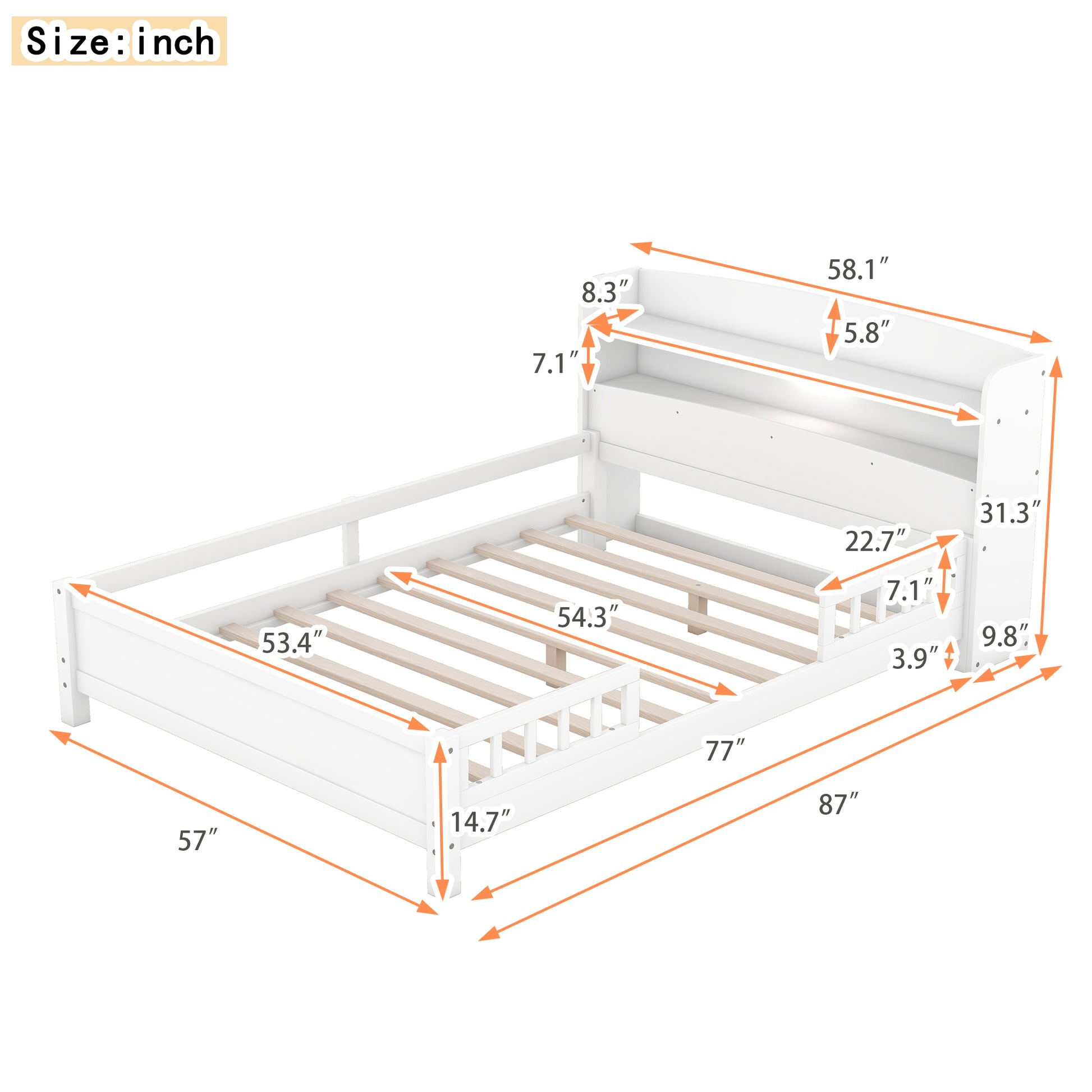 Wood Full Size Platform Bed With Built In Led Light, Storage Headboard And Guardrail, White Box Spring Not Required Full White Wood Bedroom Bed Frame Solid Wood Mdf