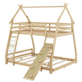 Twin Over Queen House Bunk Bed With Climbing Nets And Climbing Ramp, Natural Box Spring Not Required Natural Wood Bedroom Bunk Solid Wood Mdf