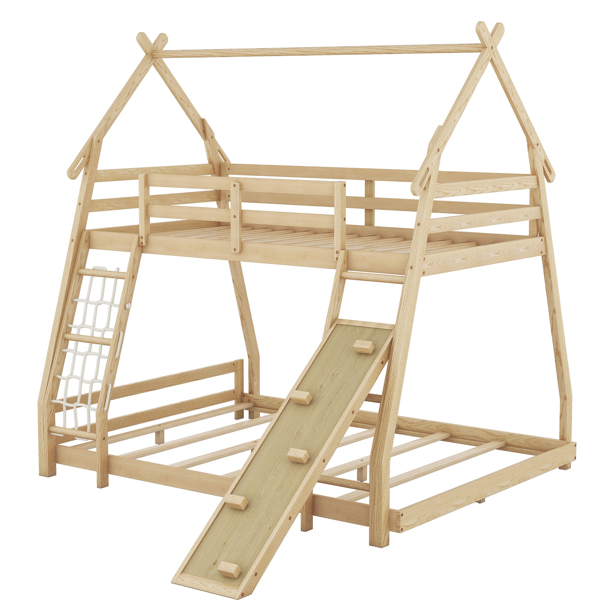 Twin Over Queen House Bunk Bed With Climbing Nets And Climbing Ramp, Natural Box Spring Not Required Natural Wood Bedroom Bunk Solid Wood Mdf