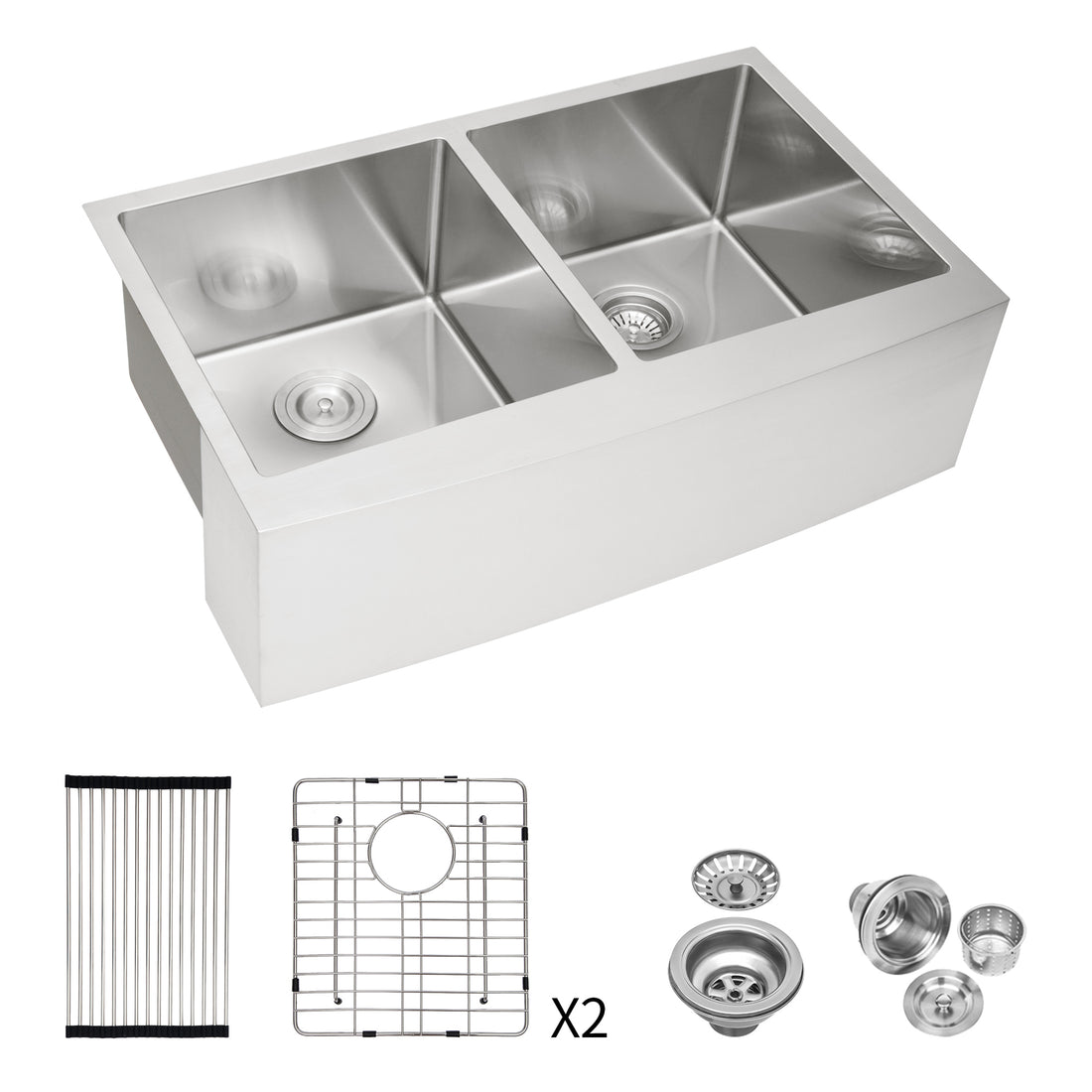 Double Bowl 50 50 Farmhouse Sink 33"X21"X10" Stainless Steel Apron Front Kitchen Sink 16 Gauge With Two 10" Deep Basin Brushed Nickel Stainless Steel