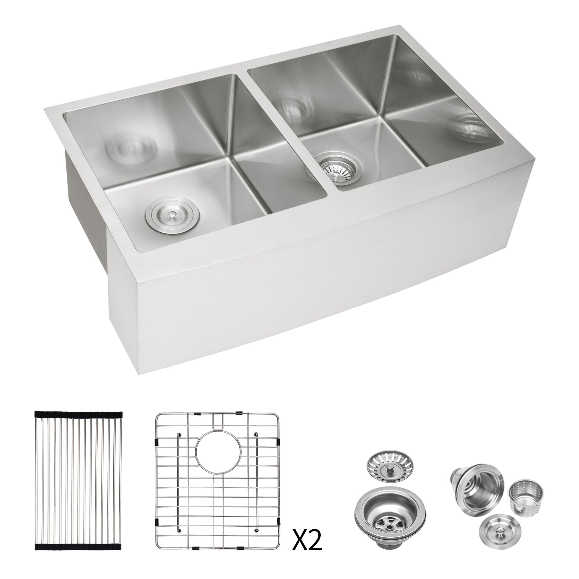 Double Bowl 50 50 Farmhouse Sink 33"X21"X10" Stainless Steel Apron Front Kitchen Sink 16 Gauge With Two 10" Deep Basin Brushed Nickel Stainless Steel