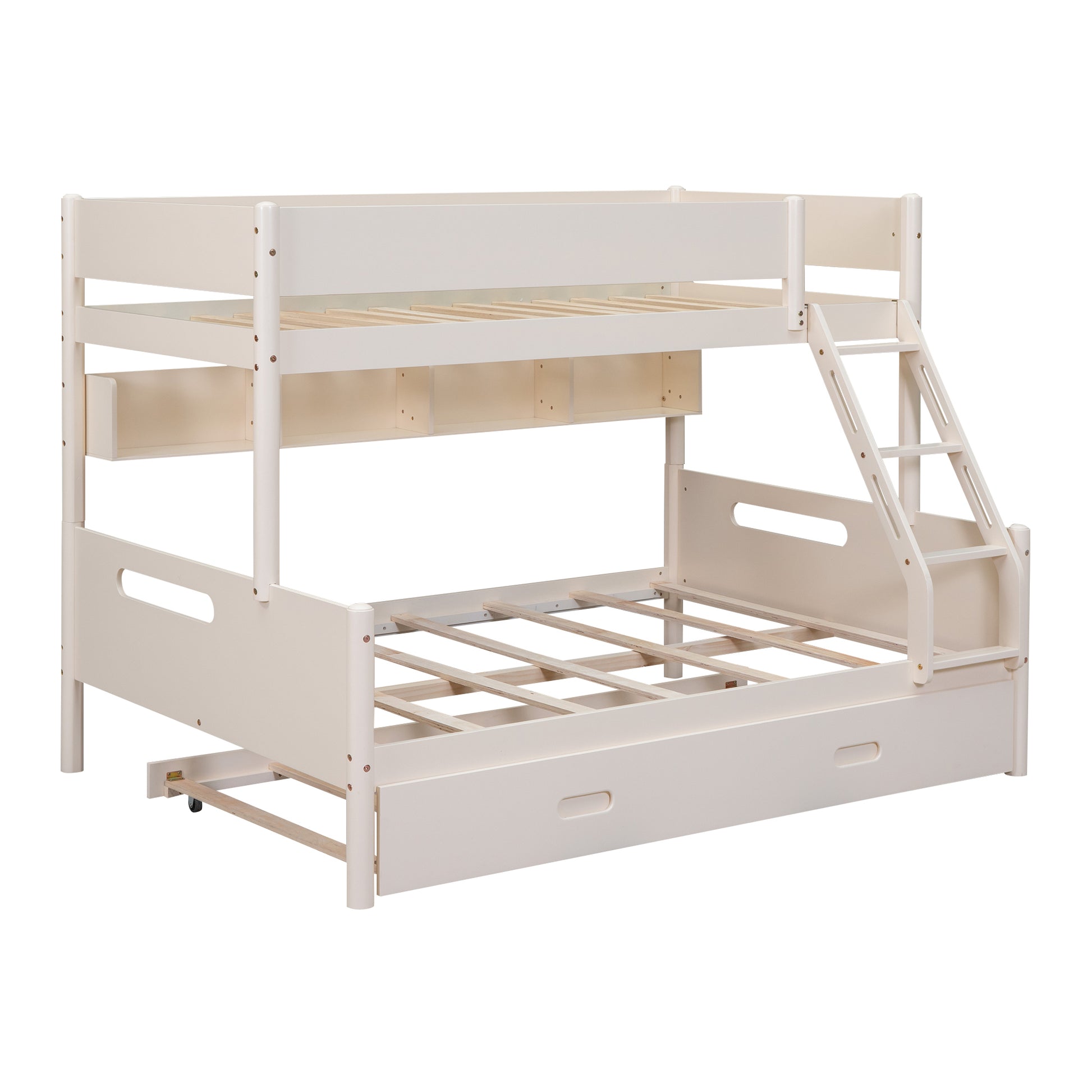 Wood Twin Over Full Bunk Bed With Storage Shelves And Twin Size Trundle, Cream Box Spring Not Required Cream Wood Bedroom Bunk Solid Wood Mdf