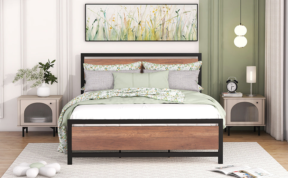 Queen Size Platform Bed, Metal And Wood Bed Frame With Headboard And Footboardblack Black Metal & Wood