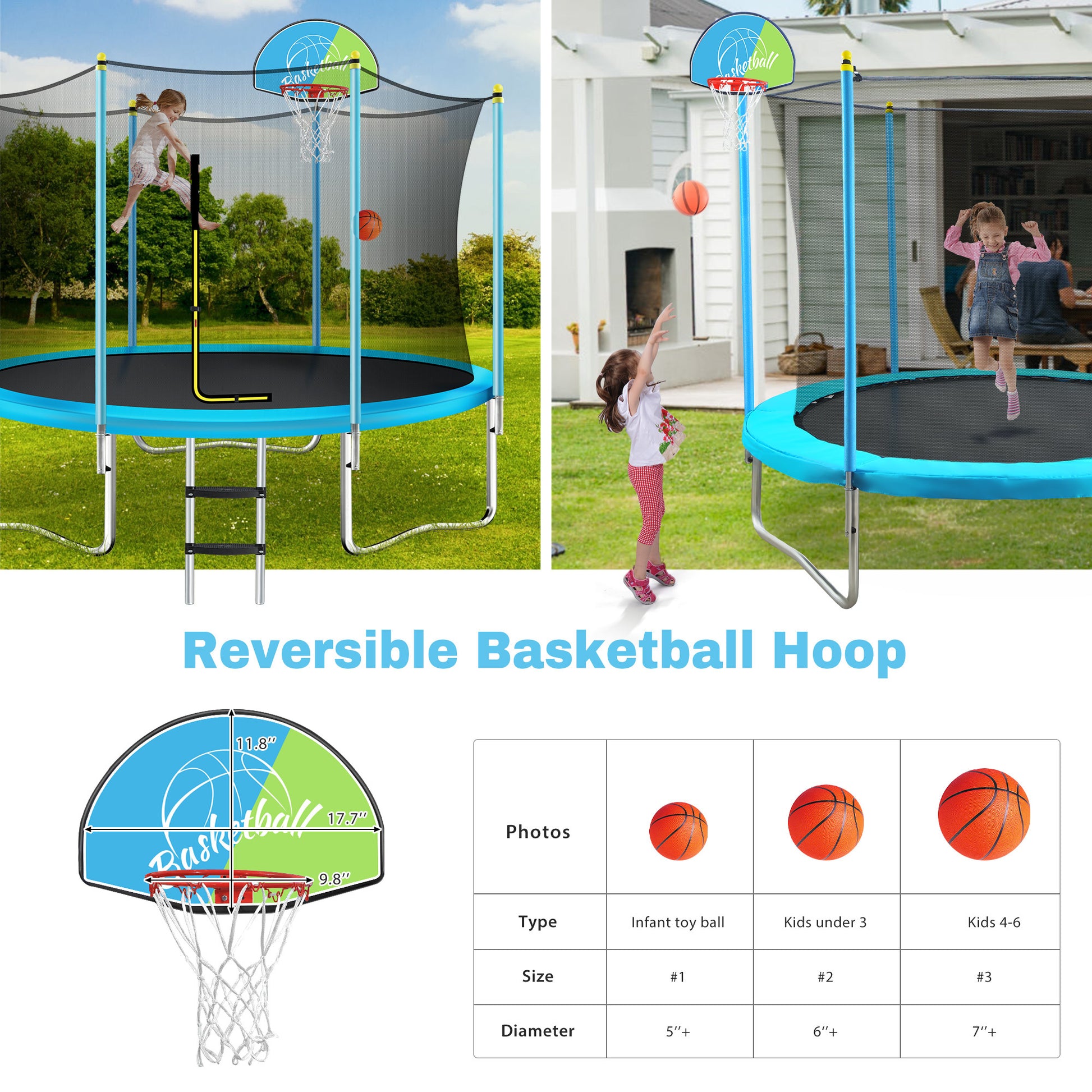 8Ft Trampoline For Kids With Safety Enclosure Net, Basketball Hoop And Ladder, Easy Assembly Round Outdoor Recreational Trampoline Blue Metal