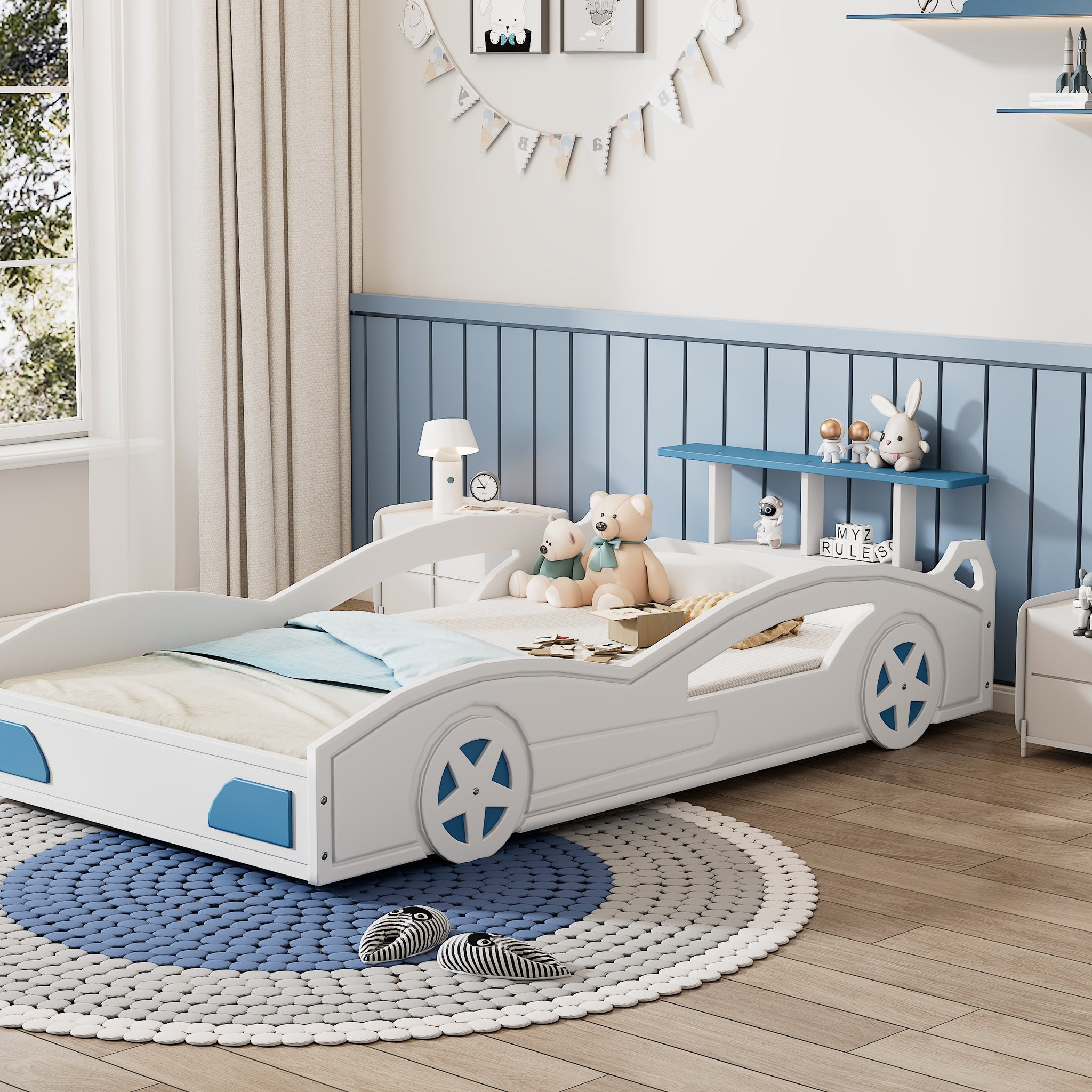 Wooden Race Car Bed,Car Shaped Platform Twin Bed With Wheels For Teens,White & Blue White Mdf