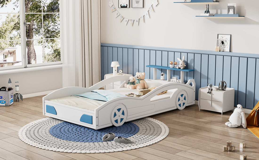 Wooden Race Car Bed,Car Shaped Platform Twin Bed With Wheels For Teens,White & Blue White Mdf