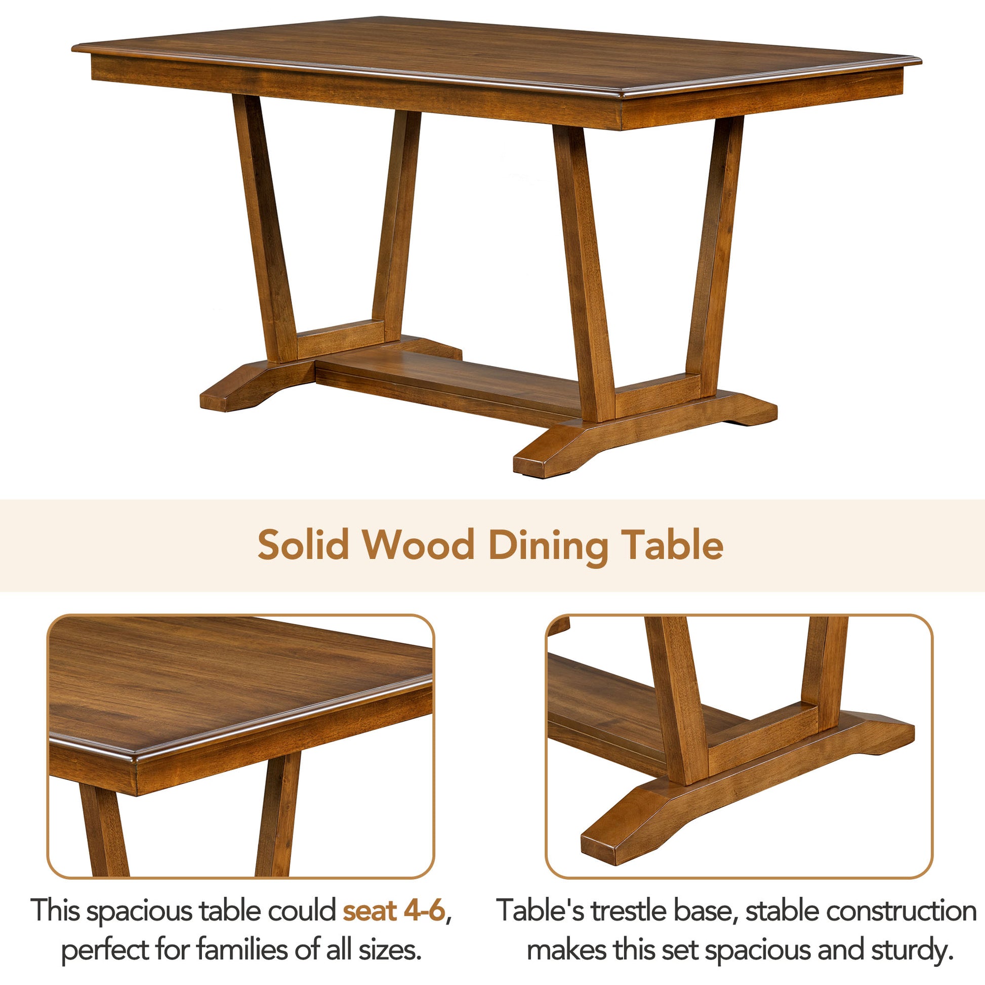 Rustic 5 Piece Dining Table Set With 4 Upholstered Chairs, 59 Inch Rectangular Dining Table With Trestle Table Base, Walnut Wood Dining Room Solid Wood Rubberwood Rectangular Dining Table With Chair