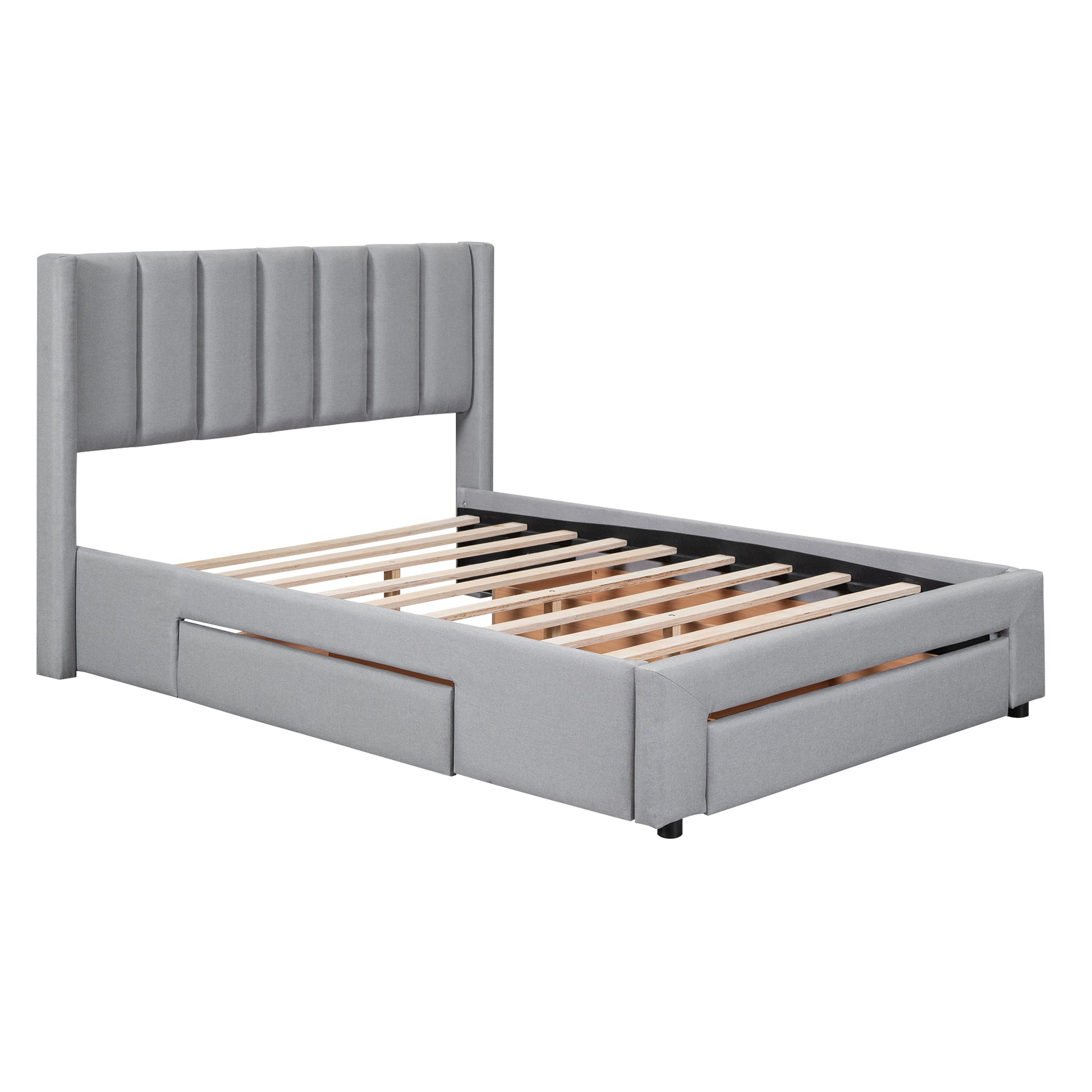 Queen Size Upholstered Platform Bed With One Large Drawer In The Footboard And Drawer On Each Side,Gray Queen Gray Upholstered