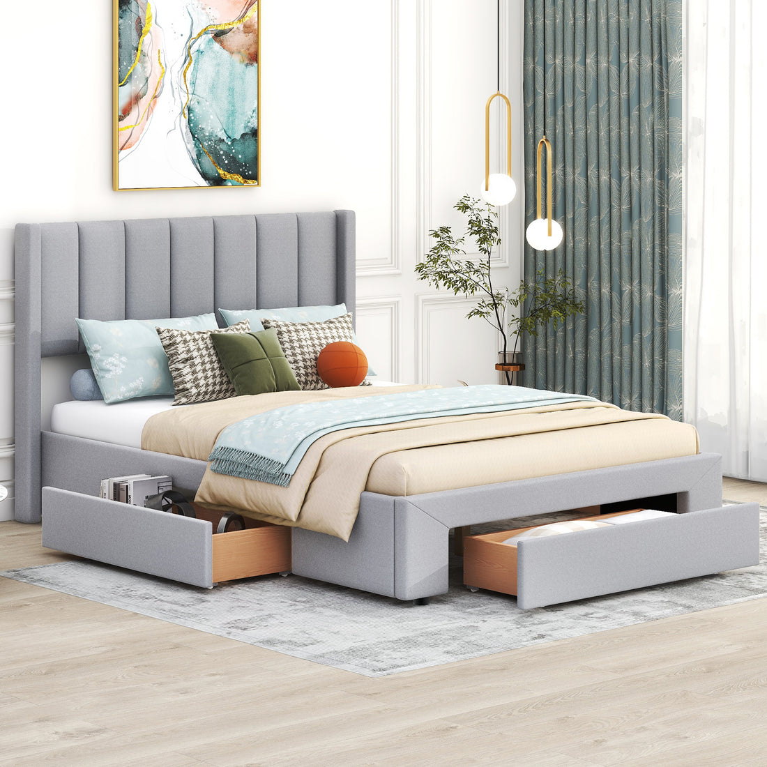 Queen Size Upholstered Platform Bed With One Large Drawer In The Footboard And Drawer On Each Side,Gray Queen Gray Upholstered