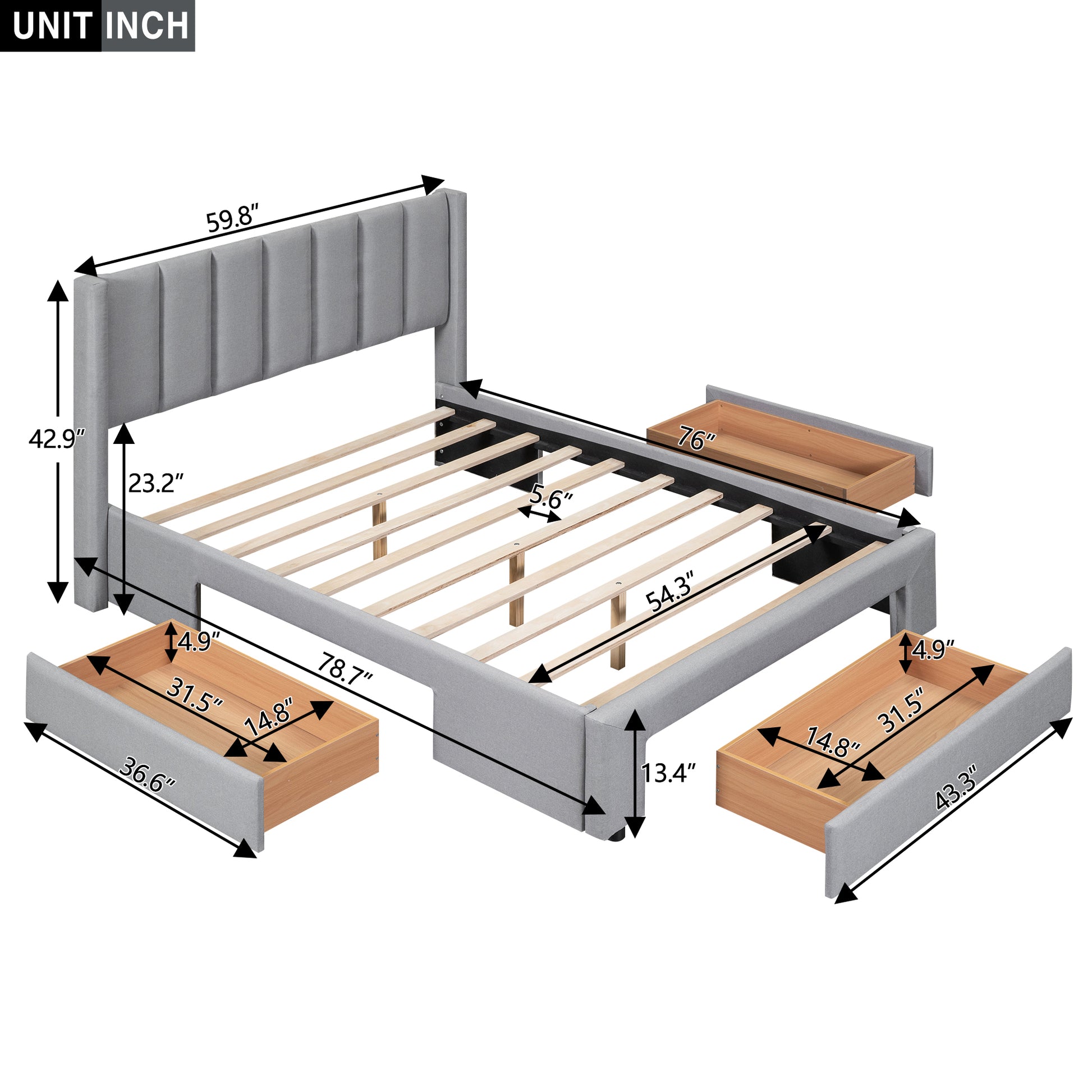 Queen Size Upholstered Platform Bed With One Large Drawer In The Footboard And Drawer On Each Side,Gray Queen Gray Upholstered