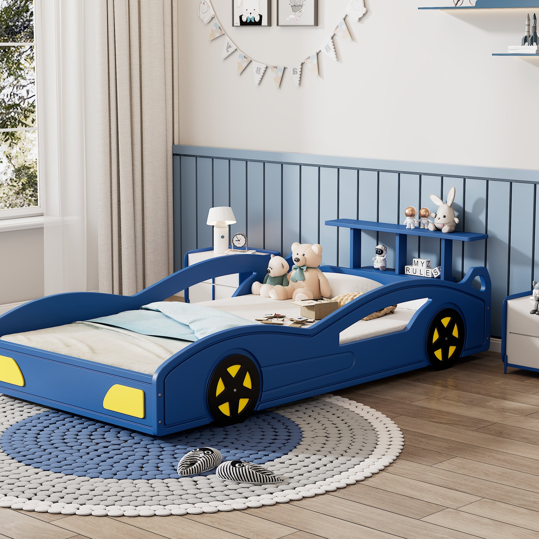 Wooden Race Car Bed,Car Shaped Platform Twin Bed With Wheels For Teens,Blue & Yellow Blue Mdf