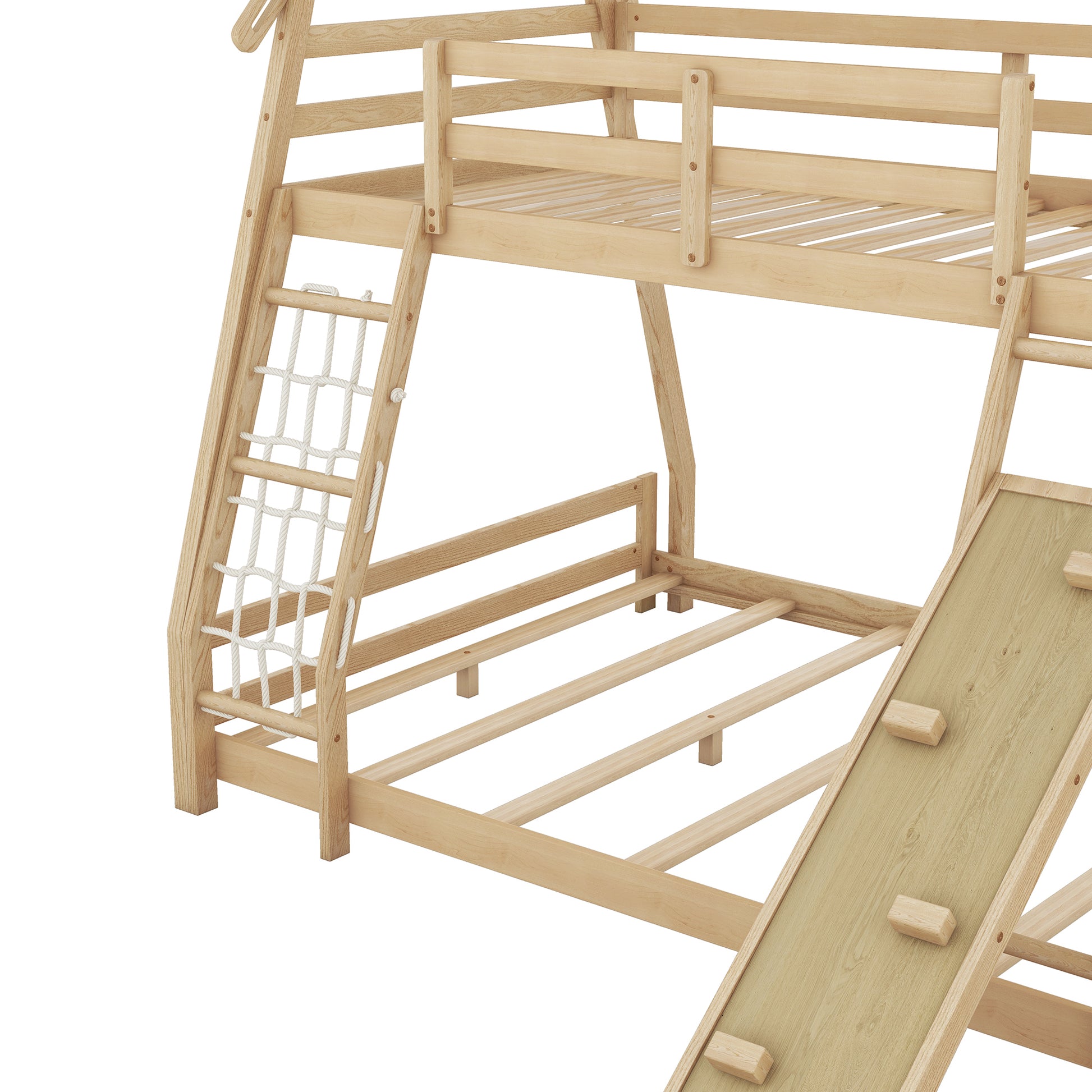 Twin Over Queen House Bunk Bed With Climbing Nets And Climbing Ramp, Natural Box Spring Not Required Natural Wood Bedroom Bunk Solid Wood Mdf