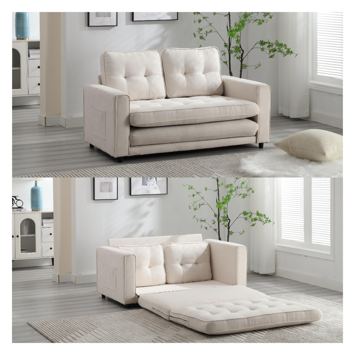 3 Fold Sofa,Convertible Futon Couch Sleeper Sofabed,Space Saving Seat,Pull Out Couch Bed For Living Room,Dark Gray & Light Gray & Beige,Velvet Linen Fabric Beige Velvet Wood Primary Living Space Medium Soft Loose Back Modern Square Arms Velvet 2 Seat