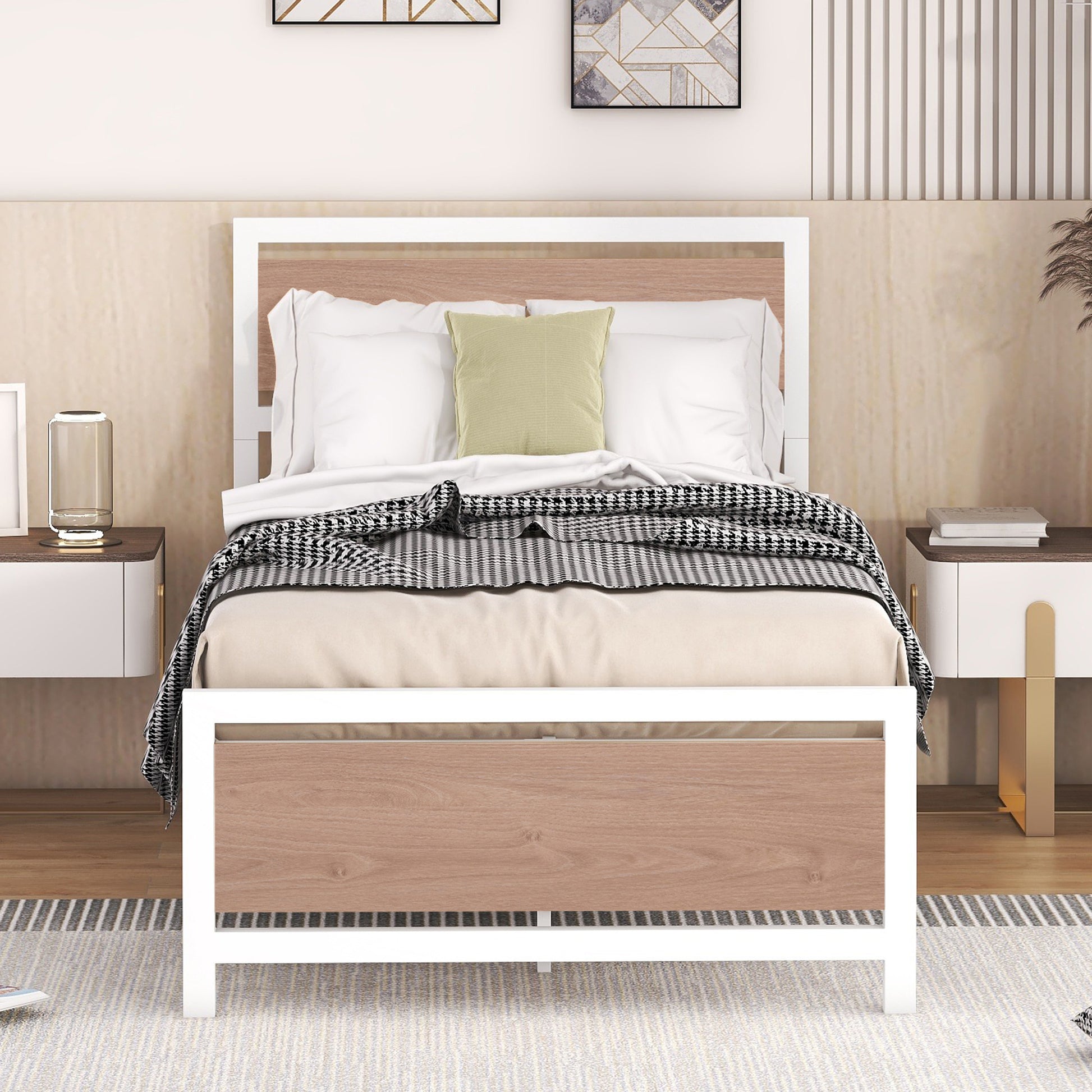 Twin Size Platform Bed, Metal And Wood Bed Frame With Headboard And Footboardwhite White Metal & Wood