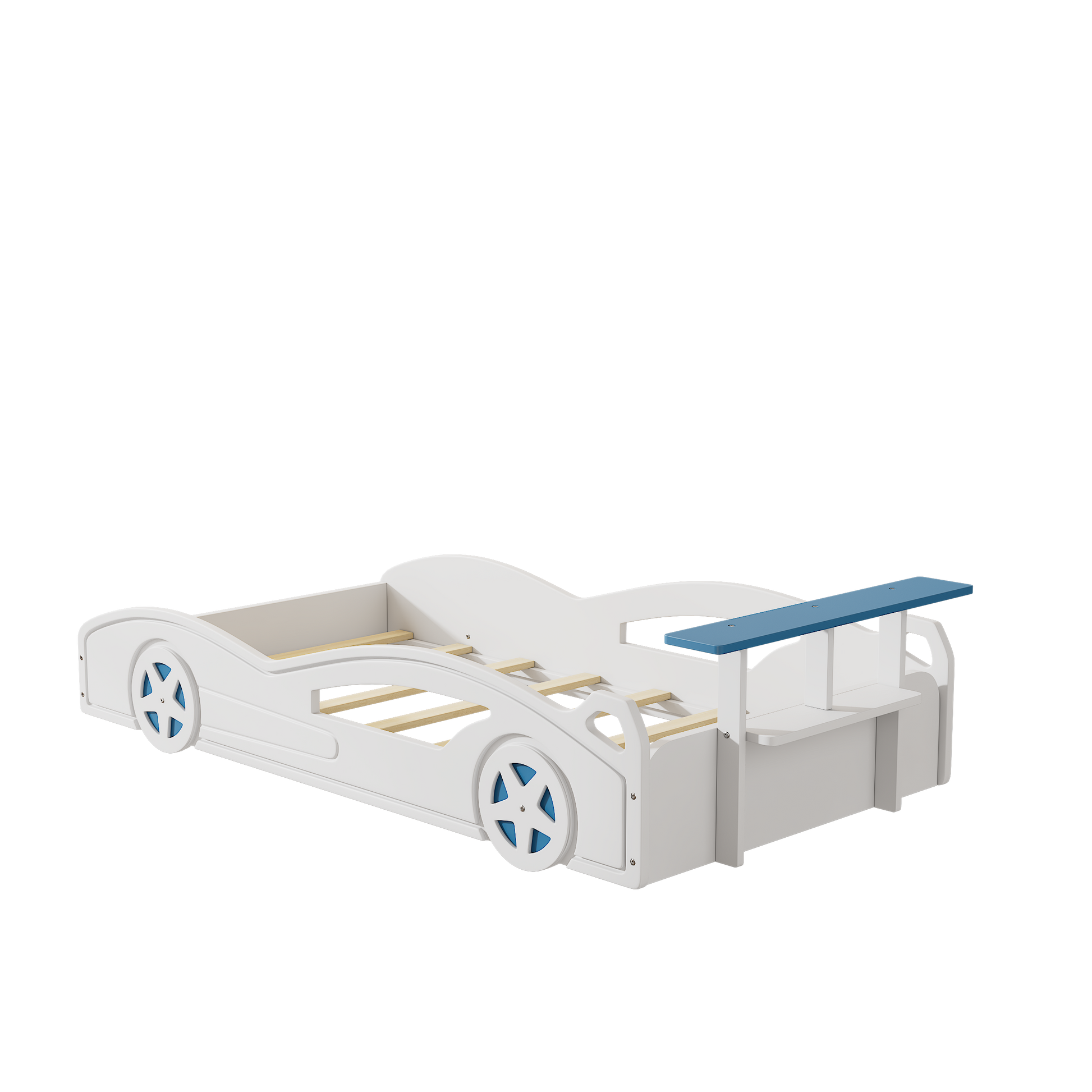 Wooden Race Car Bed,Car Shaped Platform Twin Bed With Wheels For Teens,White & Blue White Mdf