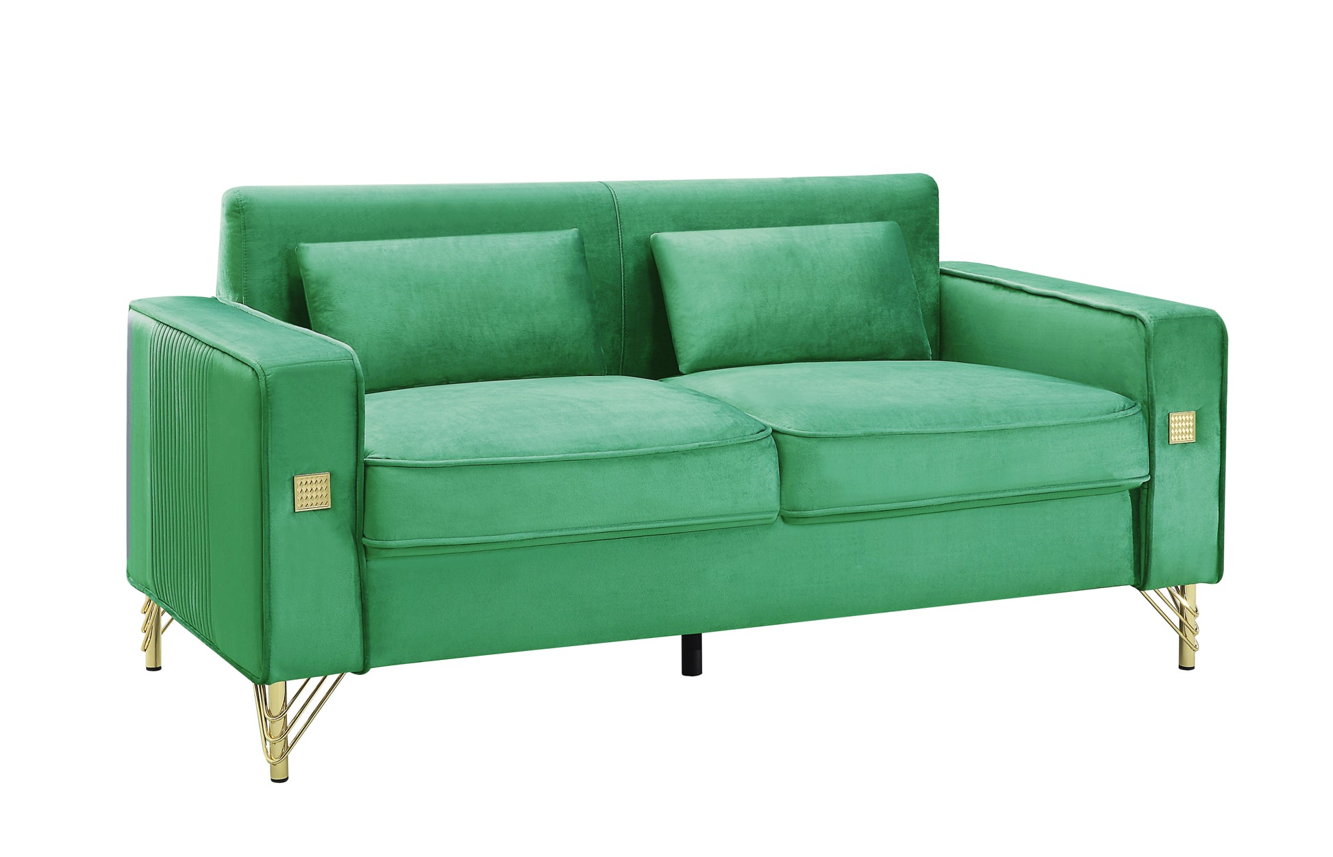 Velvet Loveseat With Pillows And Gold Finish Metal Leg For Living Room Green Velvet