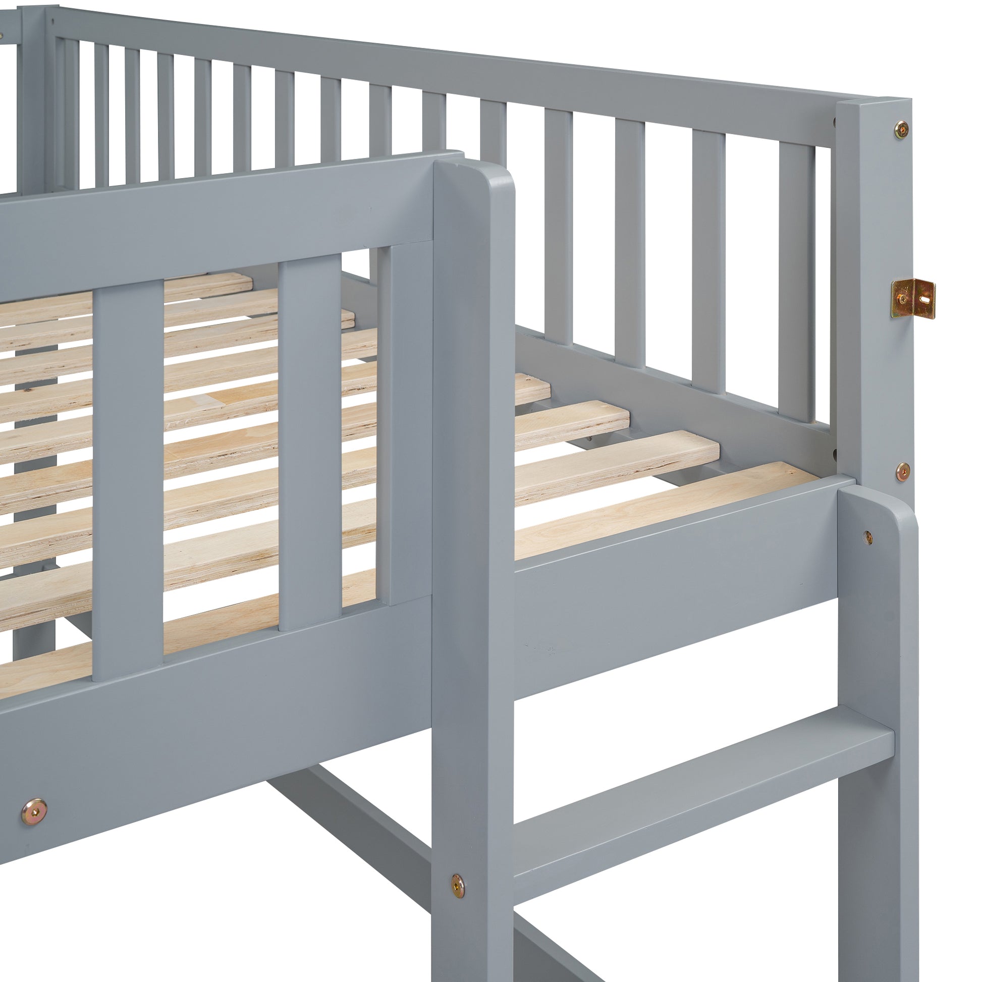 Full Size Low Loft Bed With Ladder And Slide,Gray Box Spring Not Required Full Gray Wood Bedroom Pine