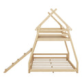 Twin Over Queen House Bunk Bed With Climbing Nets And Climbing Ramp, Natural Box Spring Not Required Natural Wood Bedroom Bunk Solid Wood Mdf