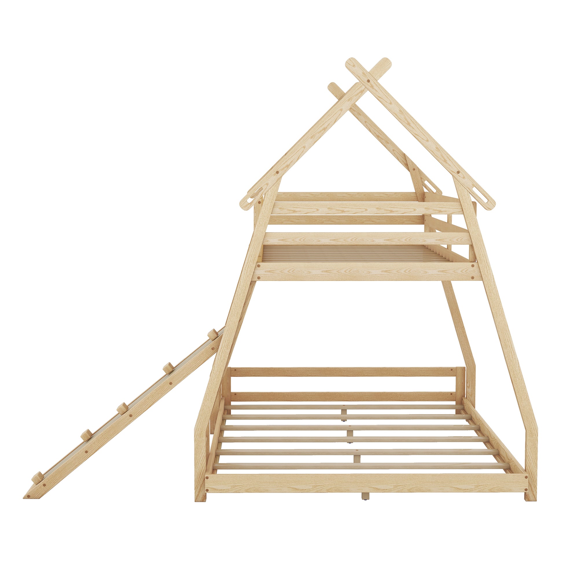 Twin Over Queen House Bunk Bed With Climbing Nets And Climbing Ramp, Natural Box Spring Not Required Natural Wood Bedroom Bunk Solid Wood Mdf