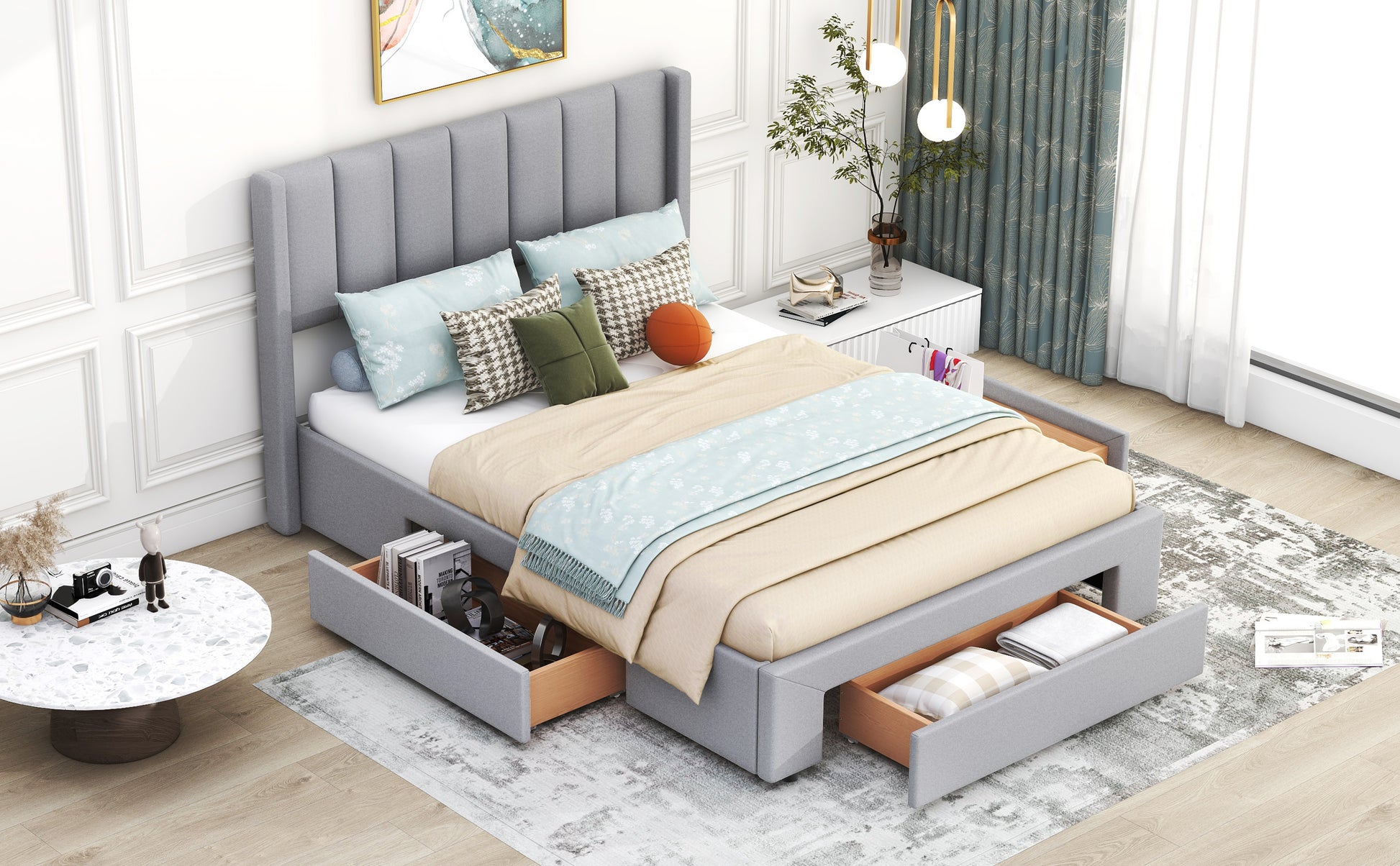 Queen Size Upholstered Platform Bed With One Large Drawer In The Footboard And Drawer On Each Side,Gray Queen Gray Upholstered