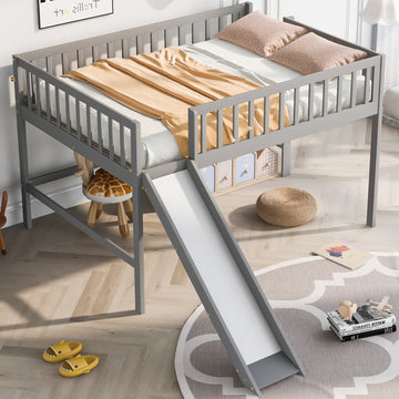 Full Size Low Loft Bed With Ladder And Slide,Gray Box Spring Not Required Full Gray Wood Bedroom Pine