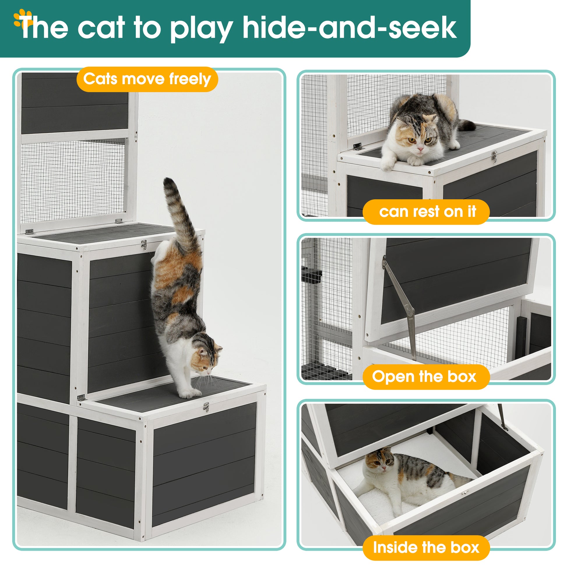 3 Tier Wooden Outdoor & Indoor Cat House Suitable For 1 3 Cats Cat Enclosure Resting Box With 4 Platforms And 2 Doors Cat Shelter Kitty House With A Jump Box For And Resting Cat Cage 71"H Gray Gray Wood