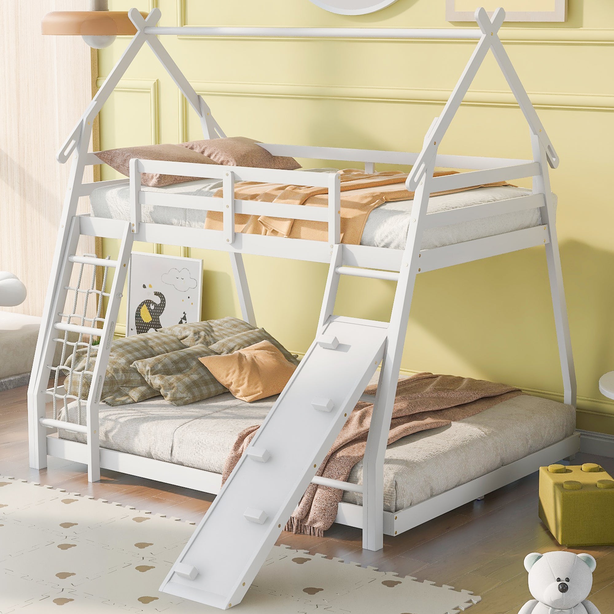 Twin Over Queen House Bunk Bed With Climbing Nets And Climbing Ramp, White Box Spring Not Required White Wood Bedroom Bunk Solid Wood Mdf