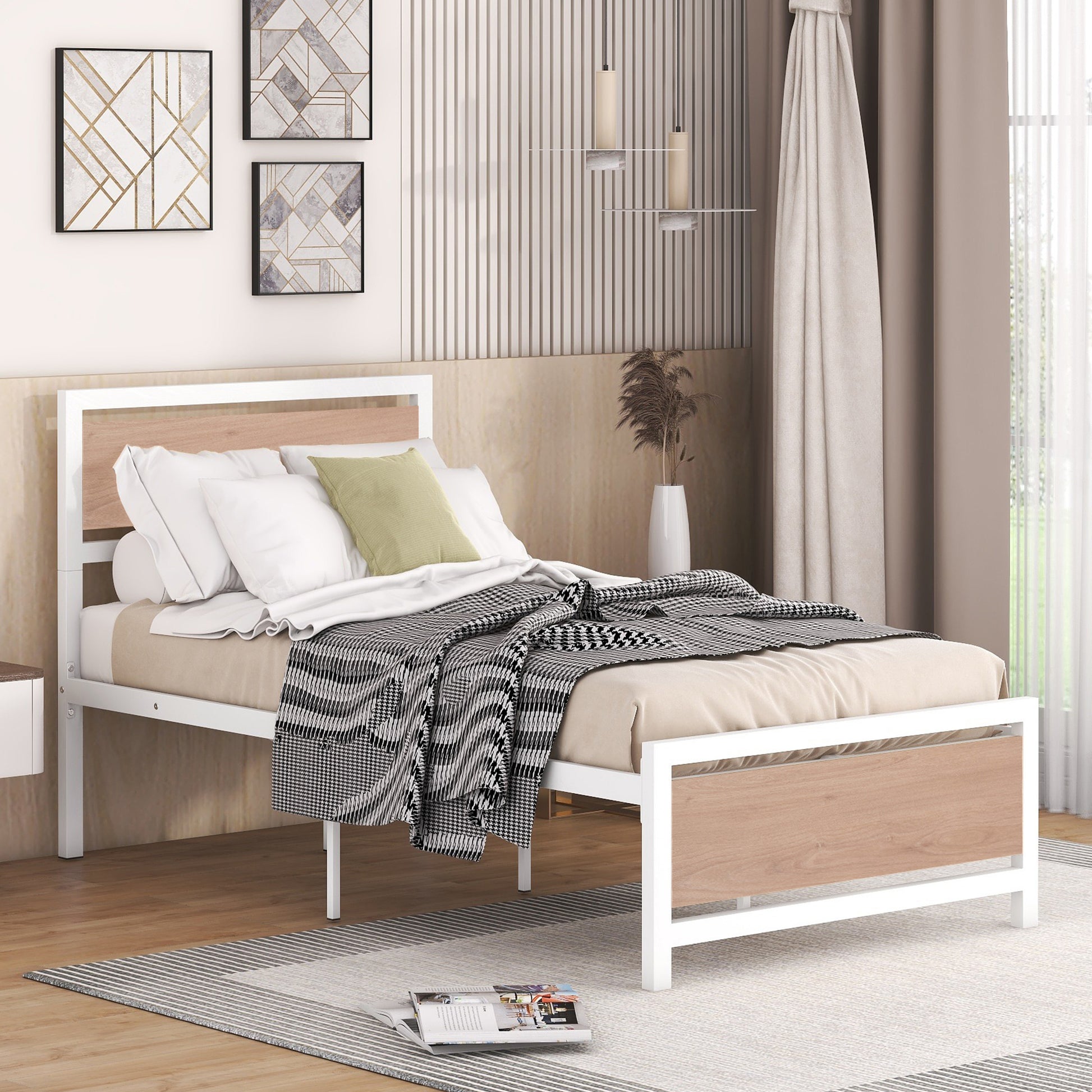 Twin Size Platform Bed, Metal And Wood Bed Frame With Headboard And Footboardwhite White Metal & Wood