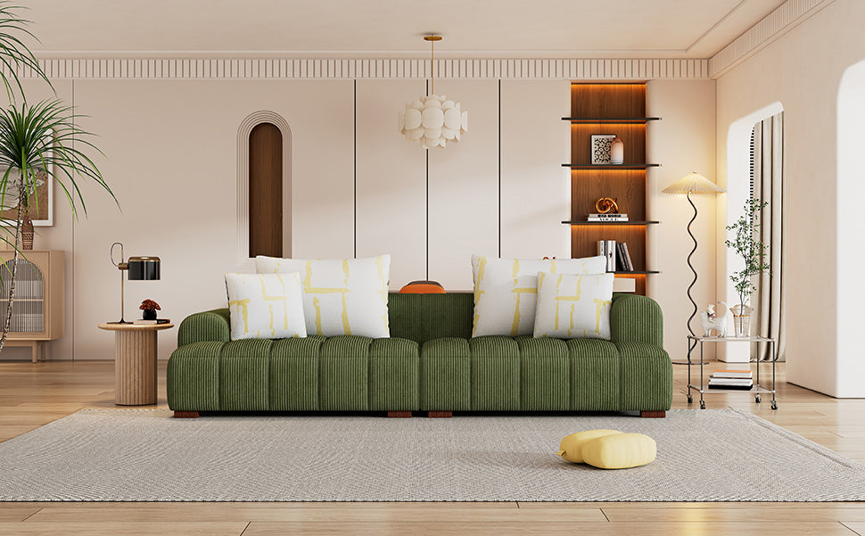 103.9" Modern Couch Corduroy Fabric Comfy Sofa With Rubber Wood Legs, 4 Pillows For Living Room, Bedroom, Office, Green Green Corduroy 2 Seat