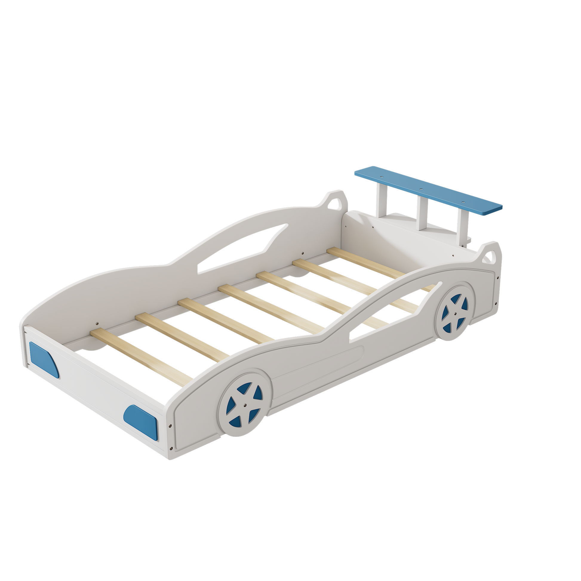 Wooden Race Car Bed,Car Shaped Platform Twin Bed With Wheels For Teens,White & Blue White Mdf