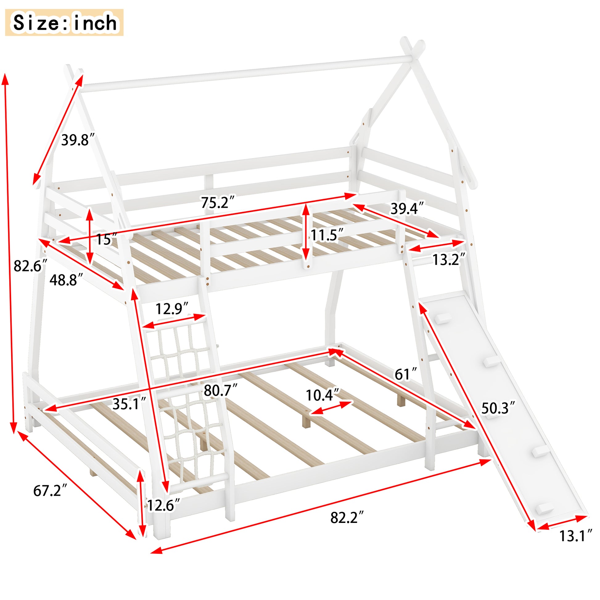 Twin Over Queen House Bunk Bed With Climbing Nets And Climbing Ramp, White Box Spring Not Required White Wood Bedroom Bunk Solid Wood Mdf