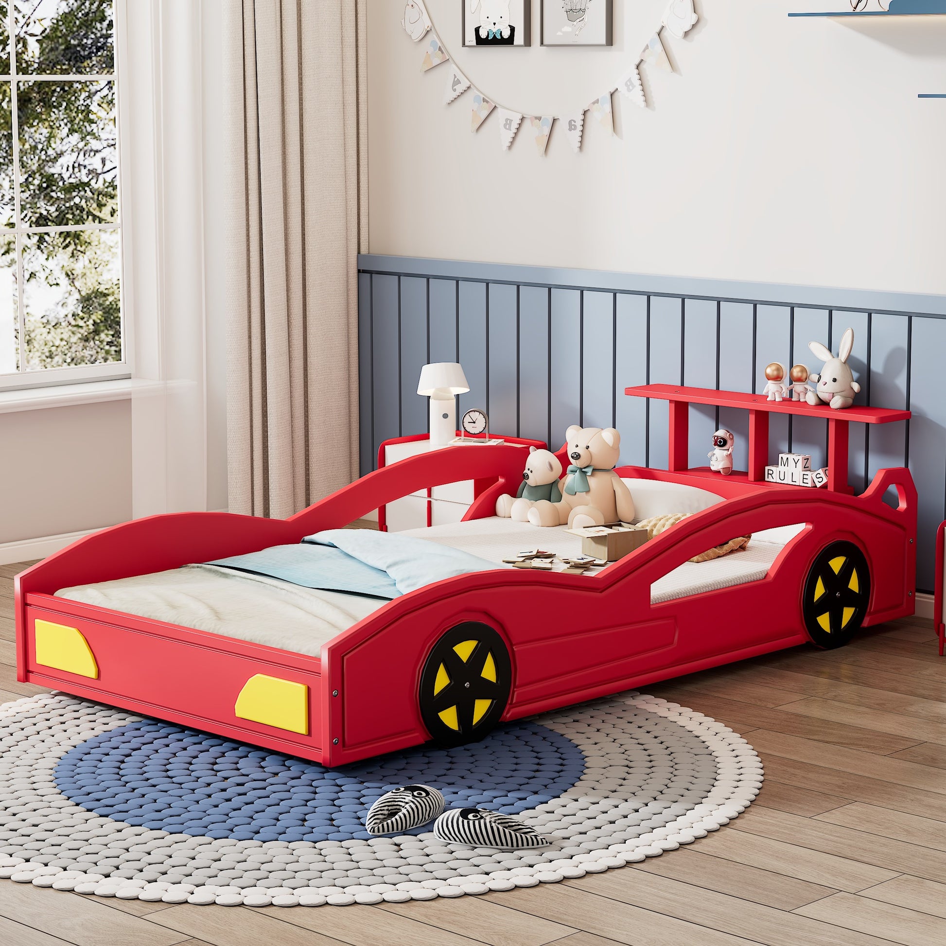 Wooden Race Car Bed,Car Shaped Platform Twin Bed With Wheels For Teens,Red & Yellow Red Mdf