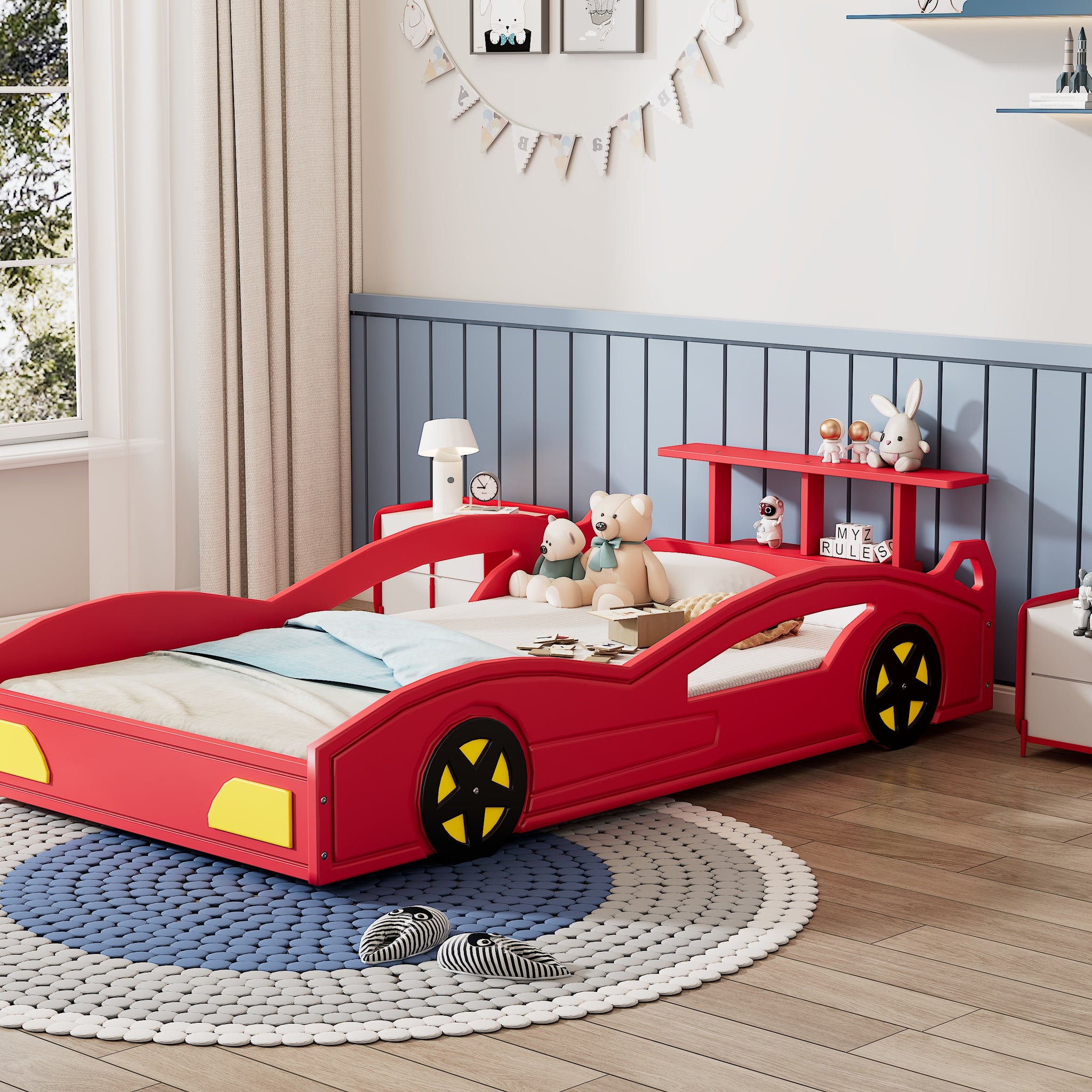 Wooden Race Car Bed,Car Shaped Platform Twin Bed With Wheels For Teens,Red & Yellow Red Mdf