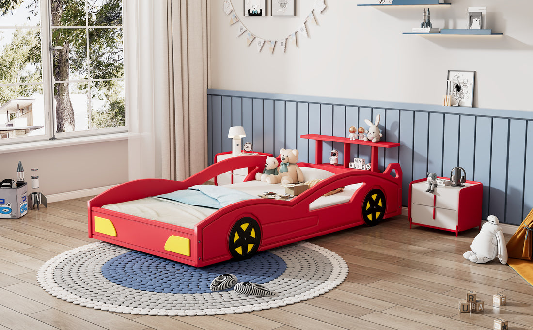 Wooden Race Car Bed,Car Shaped Platform Twin Bed With Wheels For Teens,Red & Yellow Red Mdf