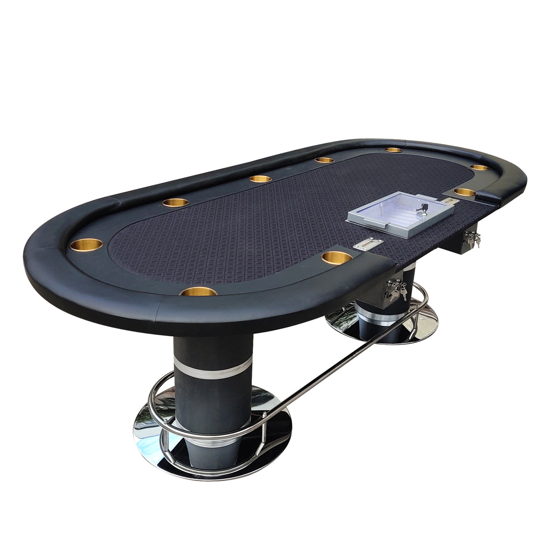 96" Oval Dark Knight Black Felt Poker Table With Metal Chip Tray Steel Drop Box Black Stainless Steel