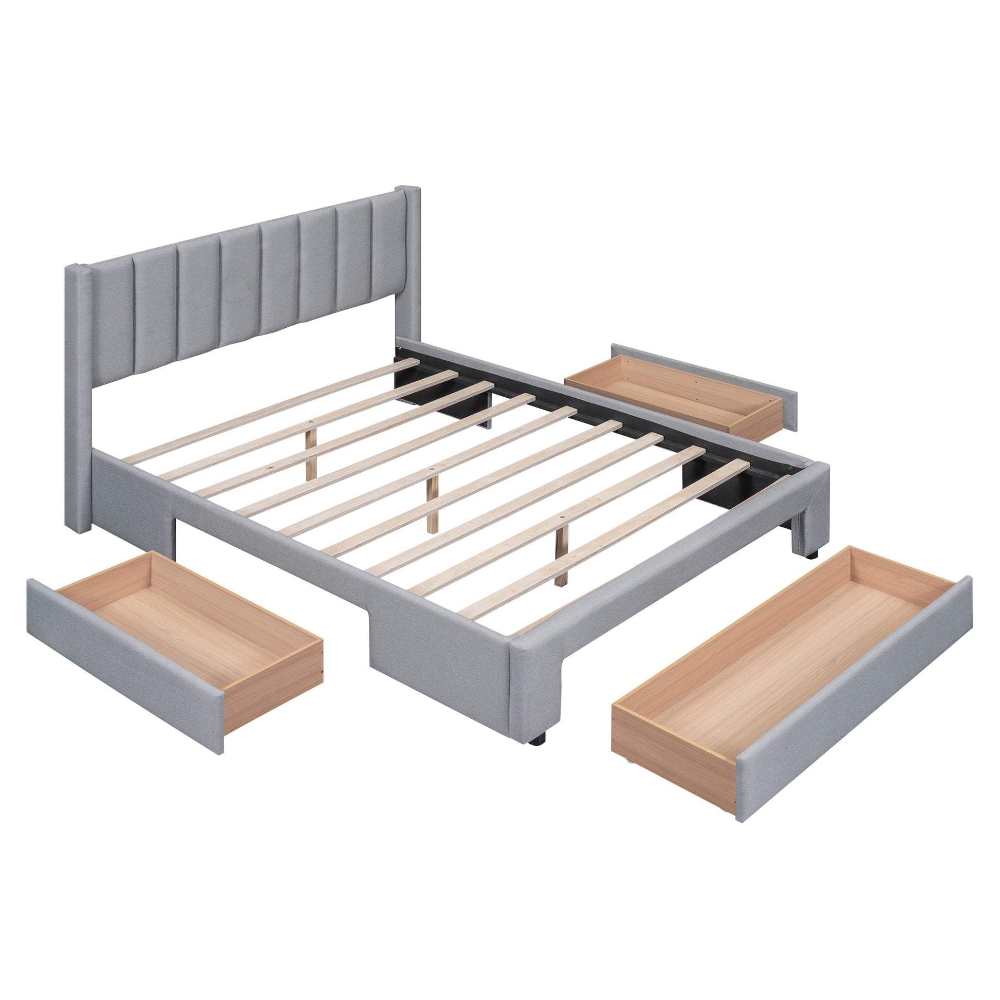 Queen Size Upholstered Platform Bed With One Large Drawer In The Footboard And Drawer On Each Side,Gray Box Spring Not Required Queen Gray Wood Bedroom Bed Frame Linen Upholstered
