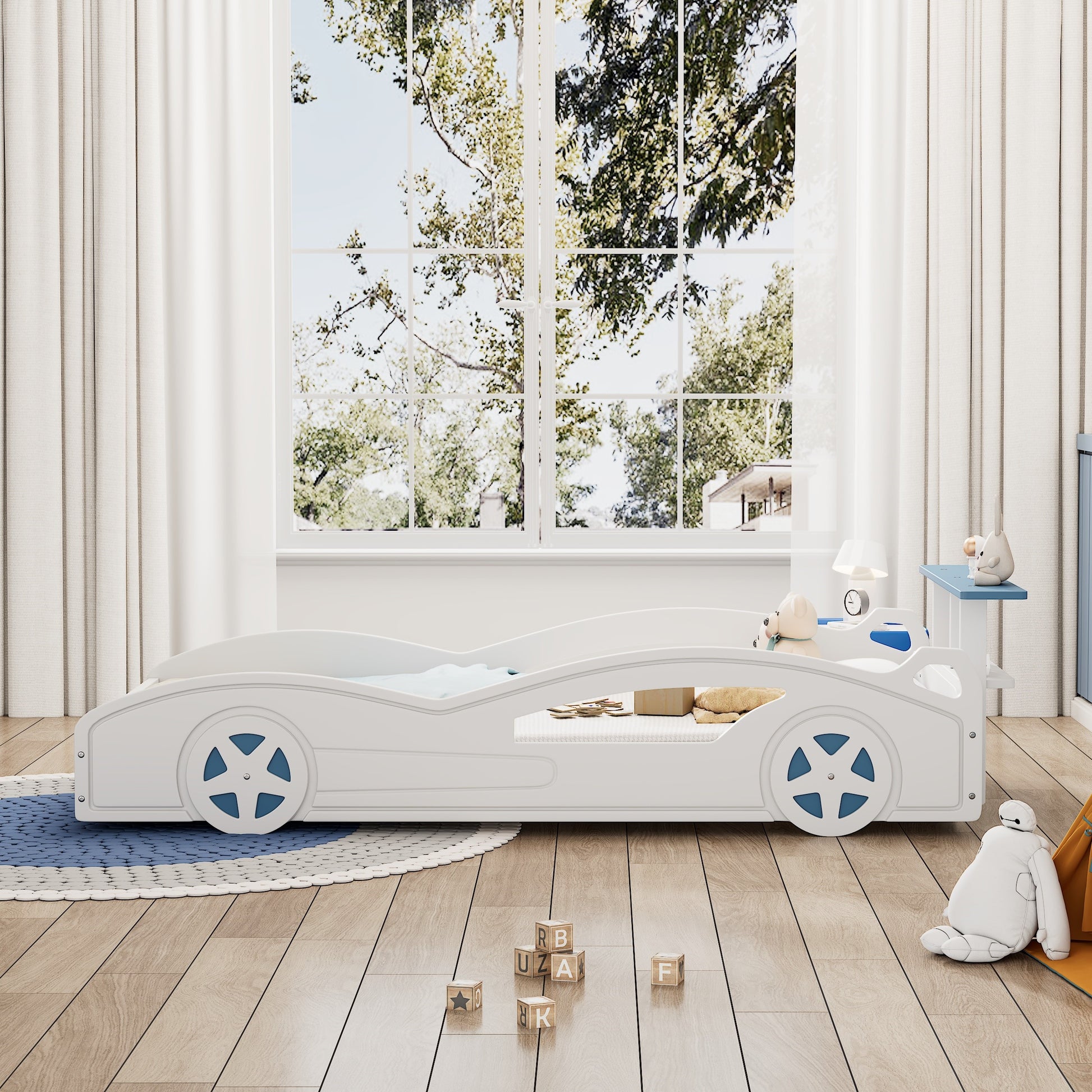 Wooden Race Car Bed,Car Shaped Platform Twin Bed With Wheels For Teens,White & Blue White Mdf