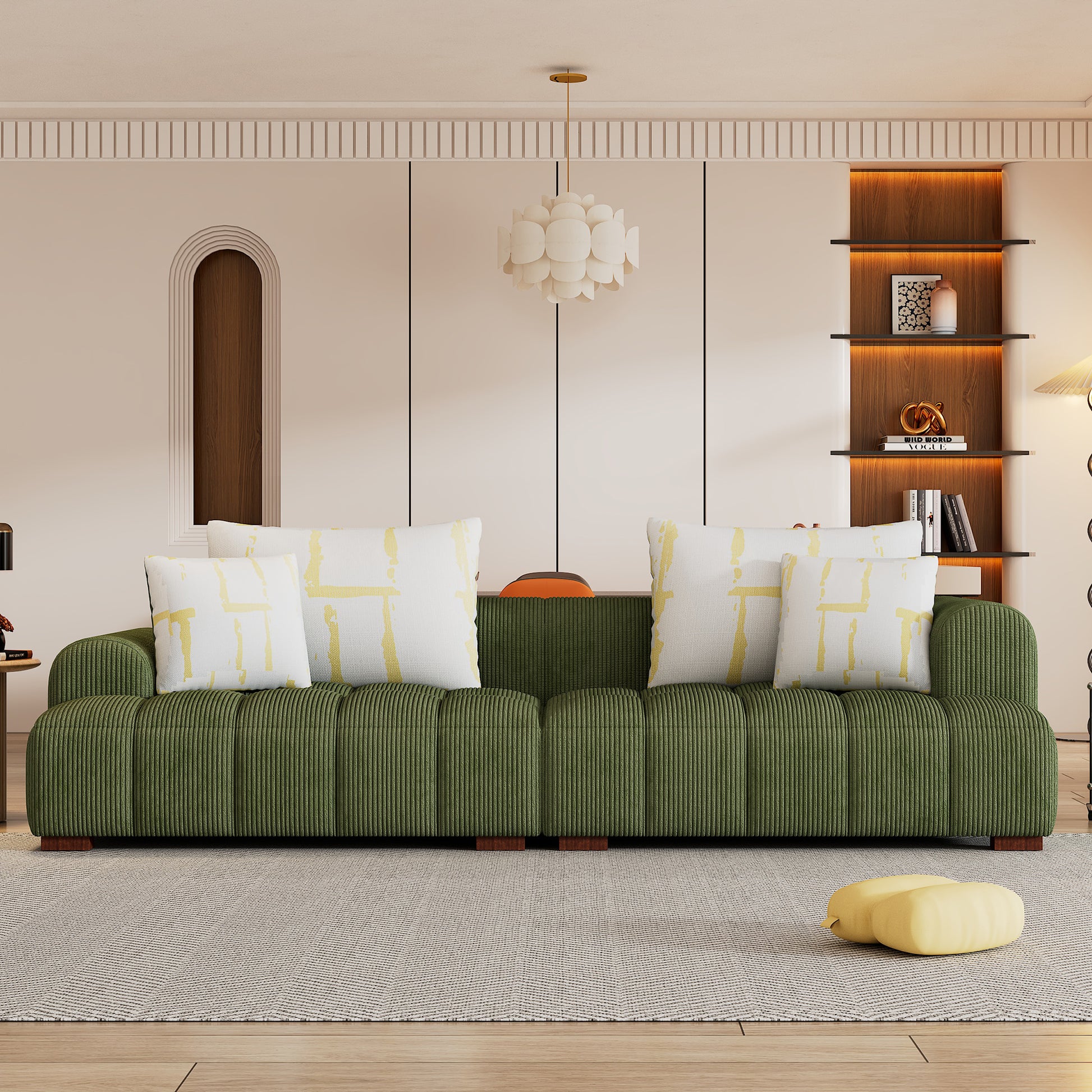 103.9" Modern Couch Corduroy Fabric Comfy Sofa With Rubber Wood Legs, 4 Pillows For Living Room, Bedroom, Office, Green Green Corduroy 2 Seat